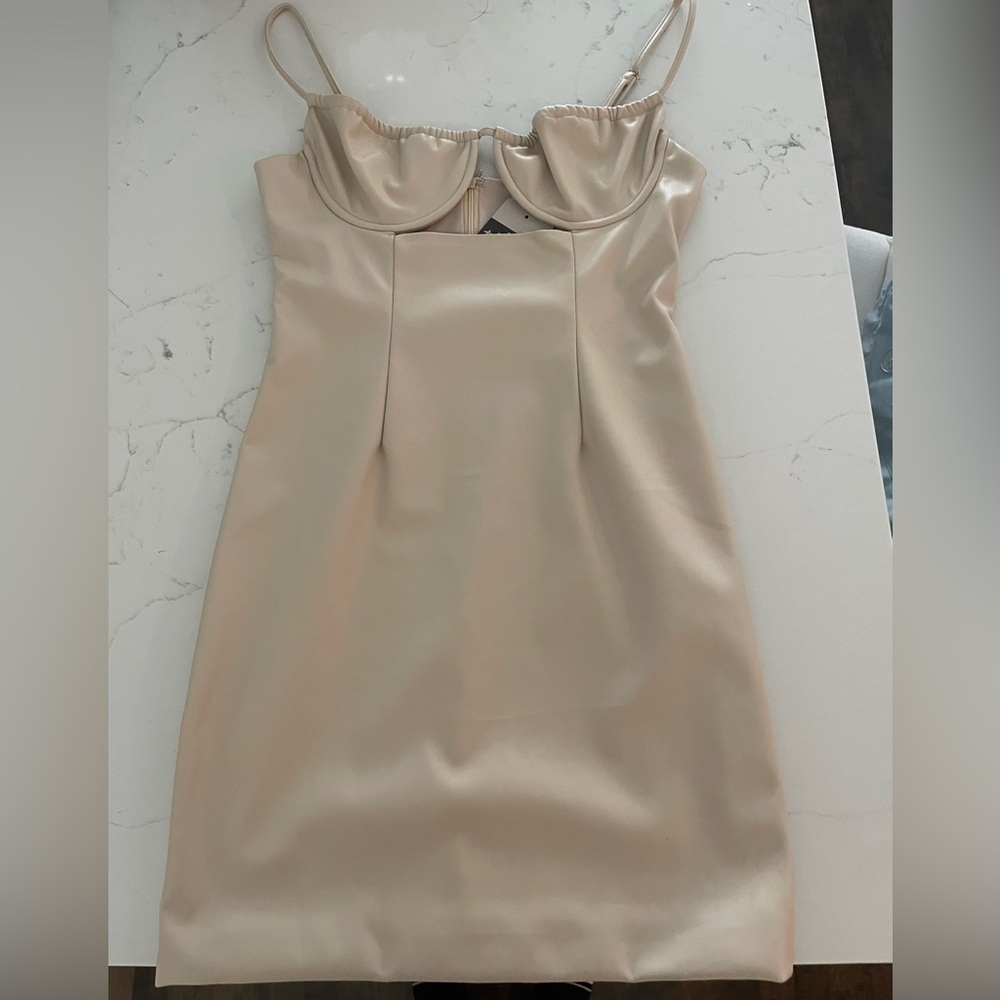 Faux Leather Cut Out Mini Dress [TAN NOT GREEN]